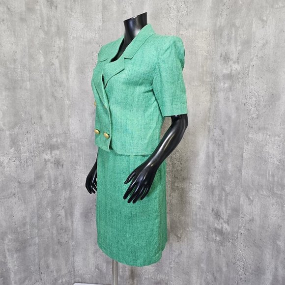 Vintage 80s Yves Saint Laurent Green Skirt Power Suit Career Casual Gold Buttons - Picture 3 of 16
